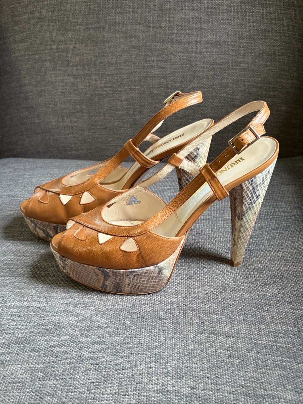Bruno Magli Italian Cognac Leather Slingback Peeptoe Snakeskin Pumps size 7.5